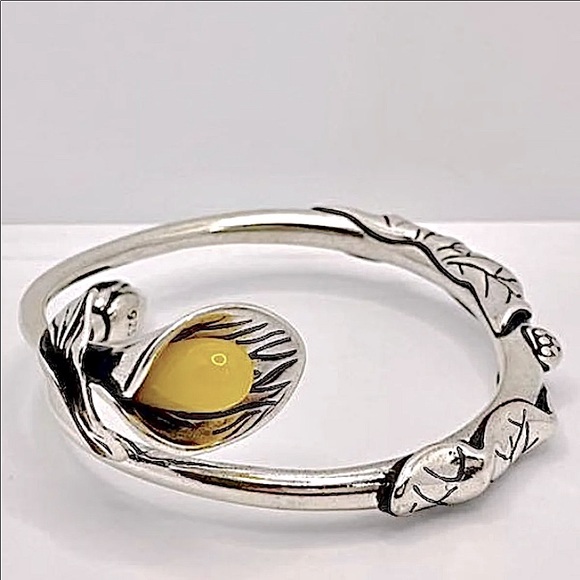 Jewelry - STERLING SILVER HANDMADE VINTAGE JADE FLOWER BANGLE BRACELET